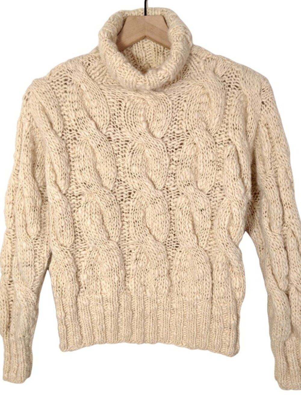 Womens Vintage Hand Knit Chunky Cable Pullover Sweater Cream 100% Wool Size XS